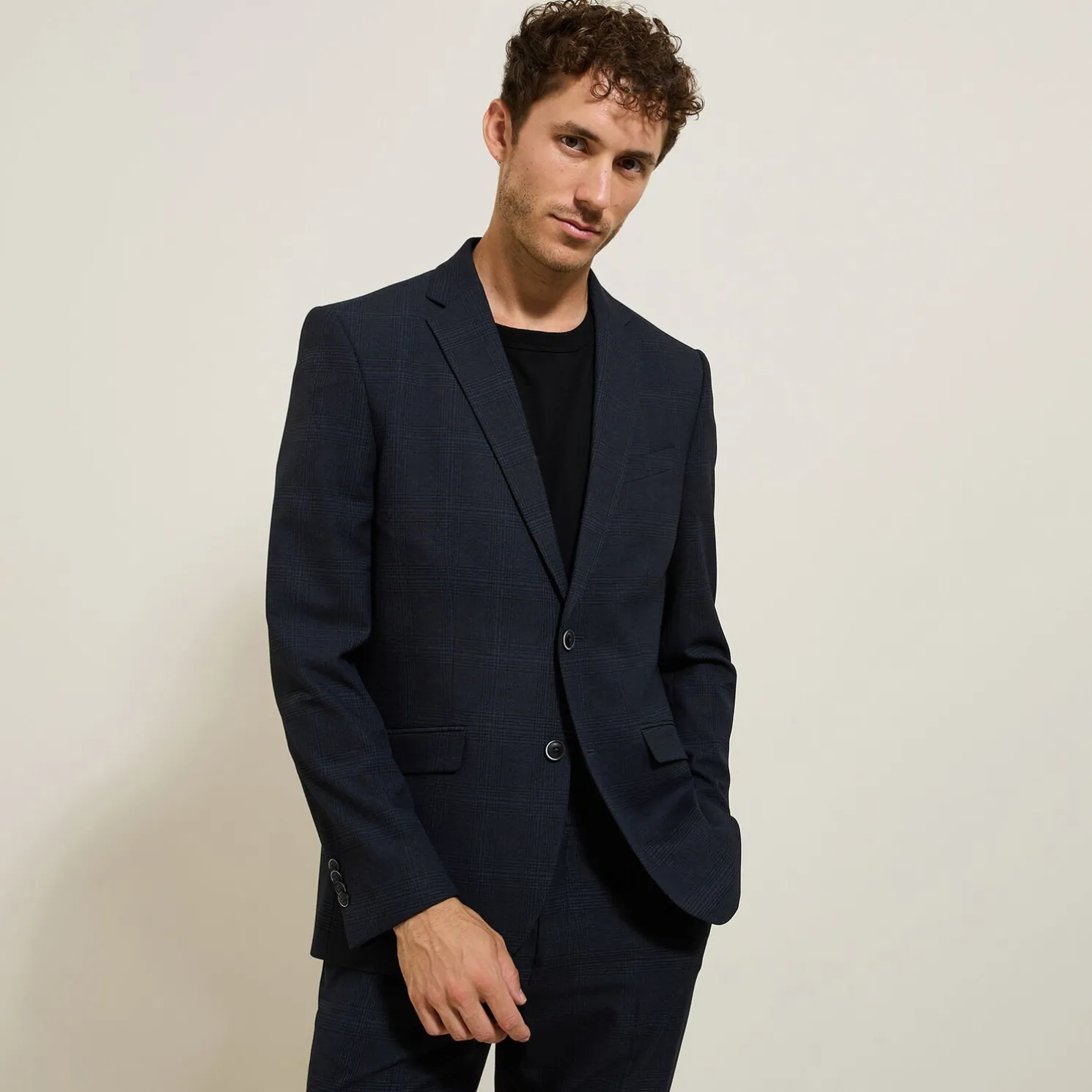 Het pakket slim geruite kostuum bi-stretch - Blauw