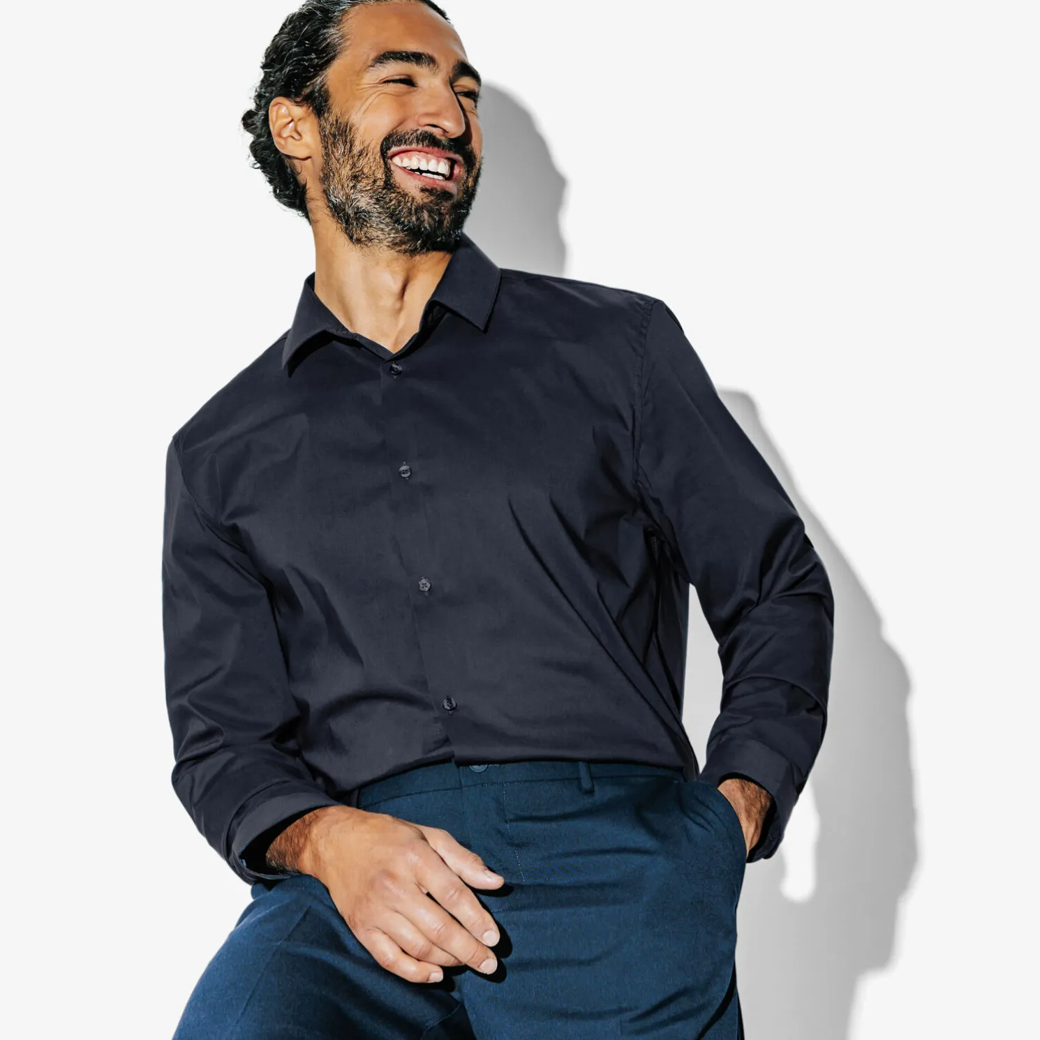 Regular effen hemd in katoen, nylon en elastaan