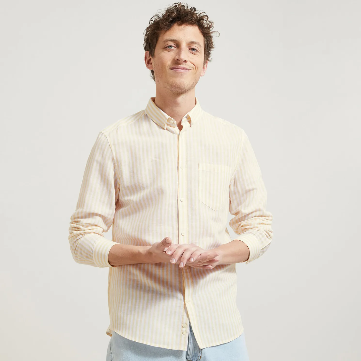 Regular gestreept hemd in katoen en linnen