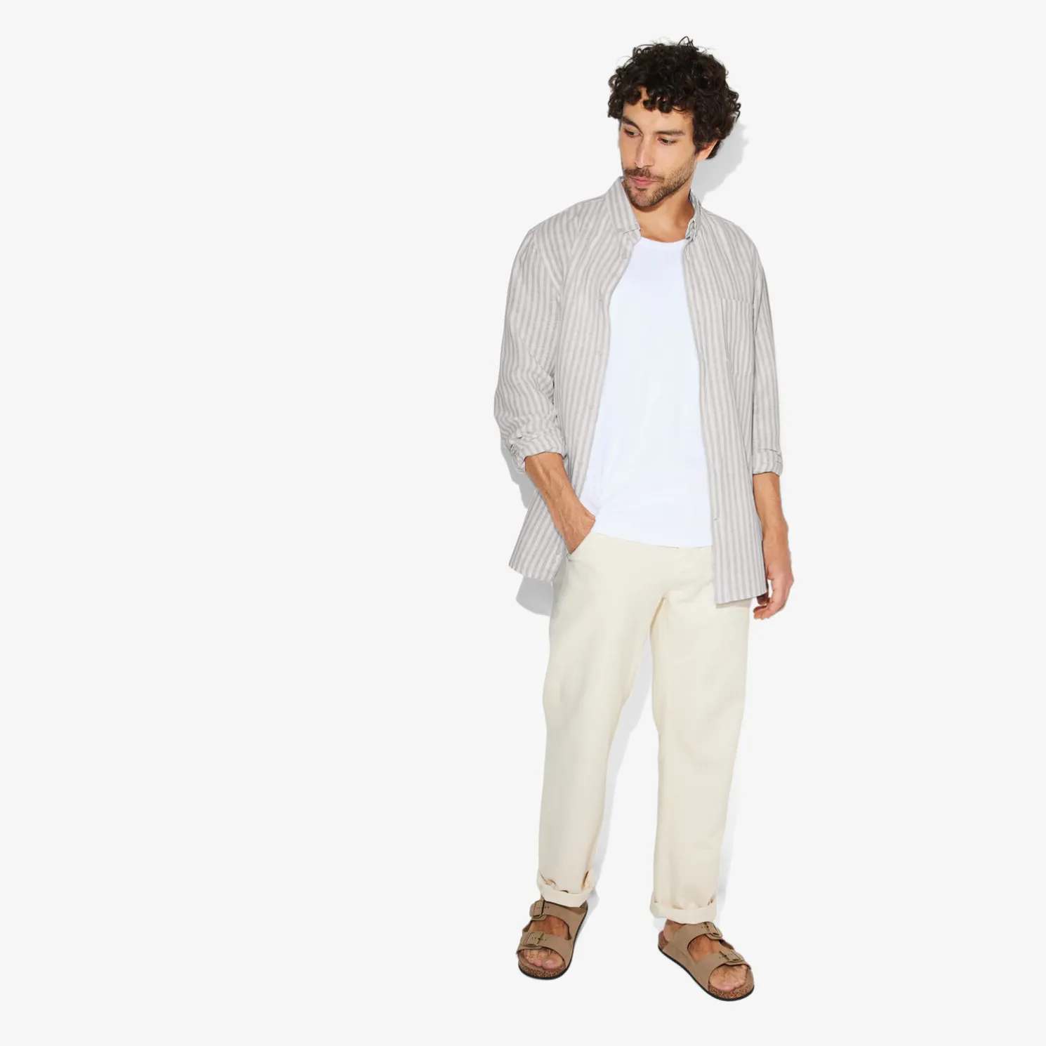 Regular gestreept hemd in katoen en linnen