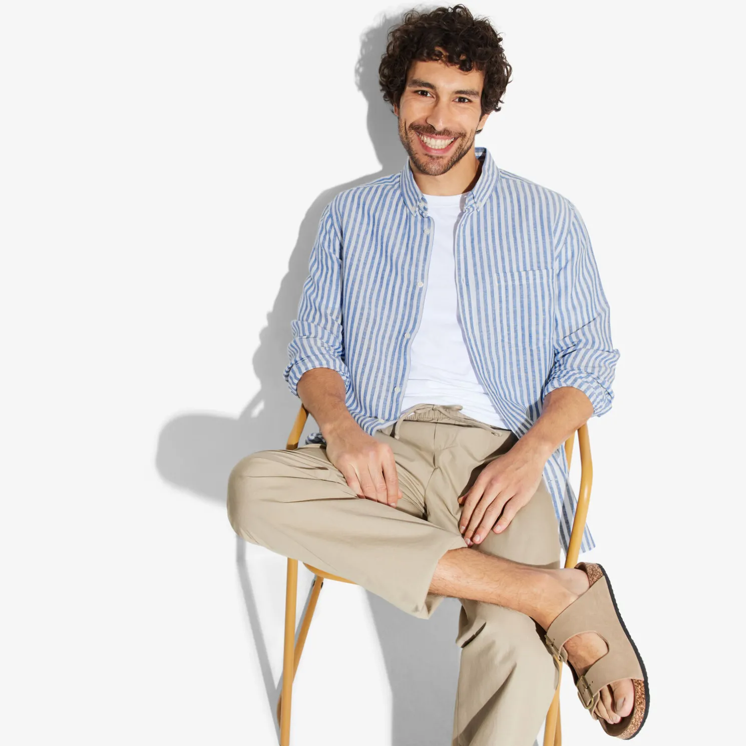 Regular gestreept hemd in katoen en linnen