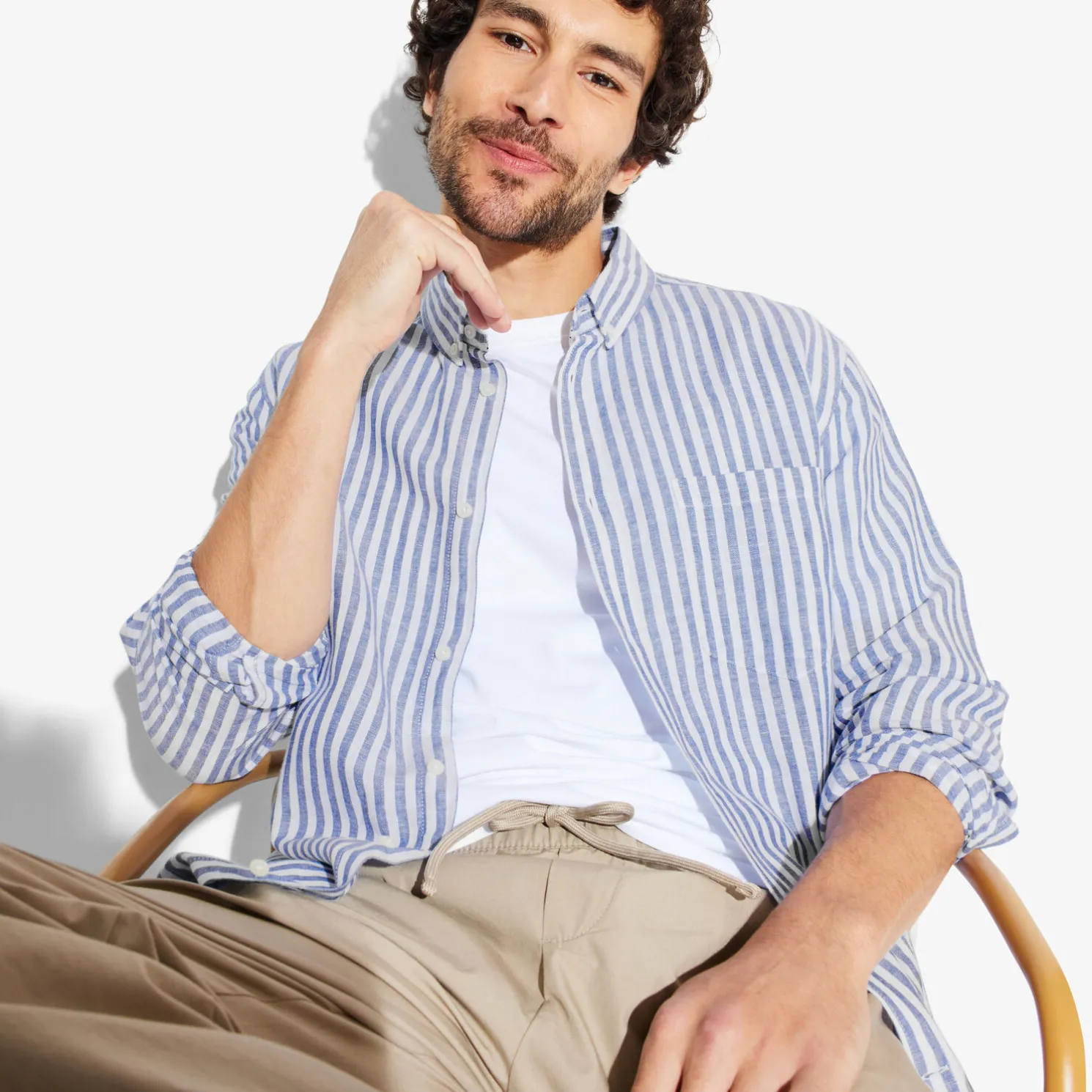 Regular gestreept hemd in katoen en linnen