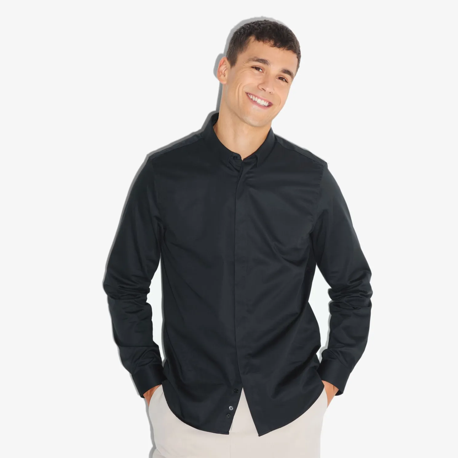 Slim effen satijnen hemd in biokatoen